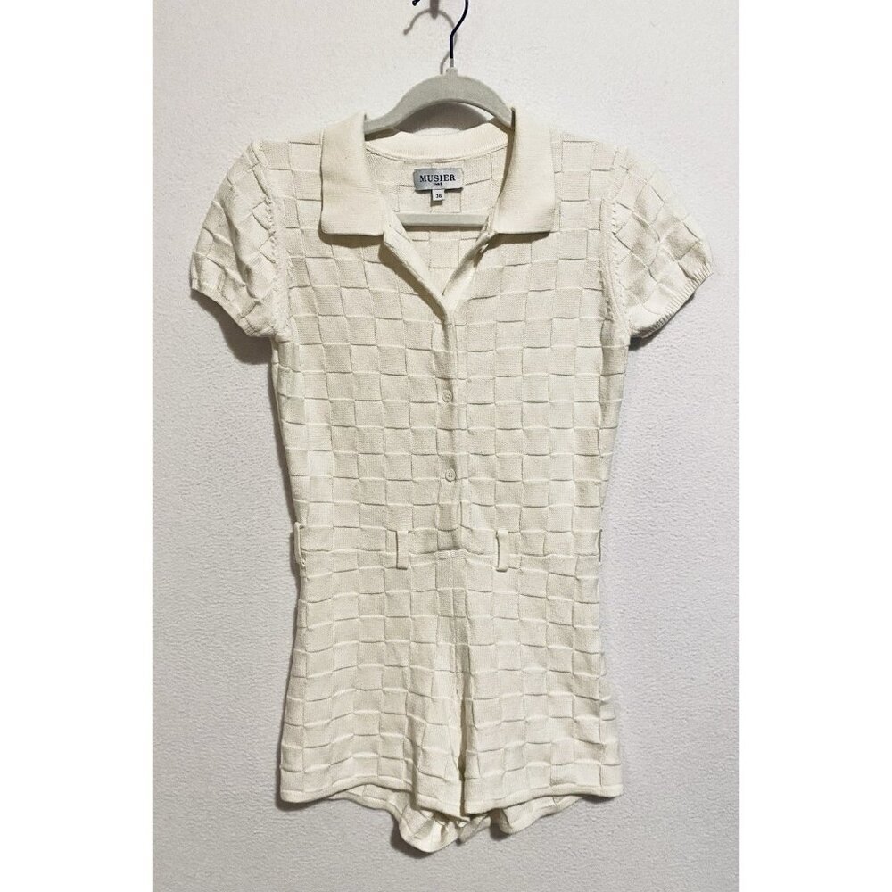 Musier Paris Romper Womens Small Ivory Checkerboard Button Front Cotton Preppy